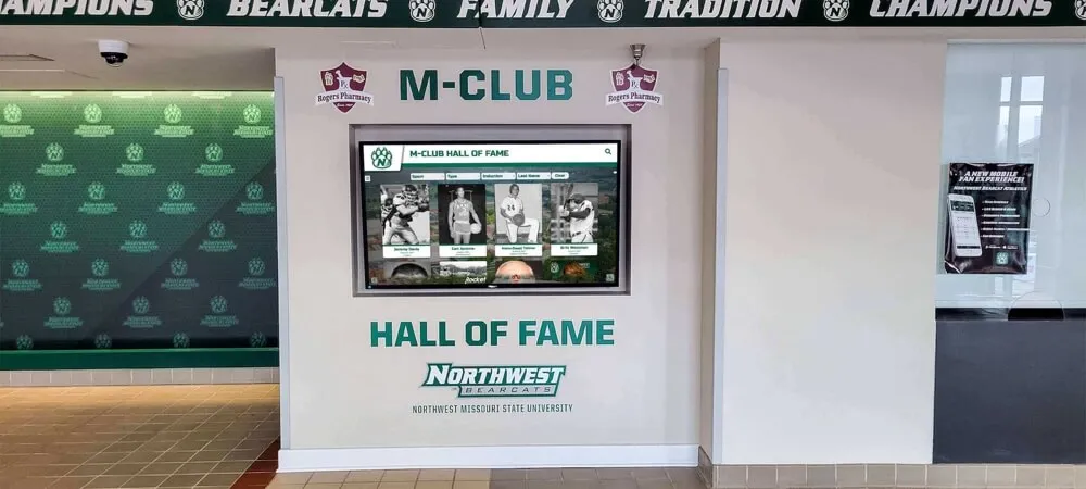 M Club hall of fame digital display in athletic facility showing comprehensive recognition Athletic facility recognition