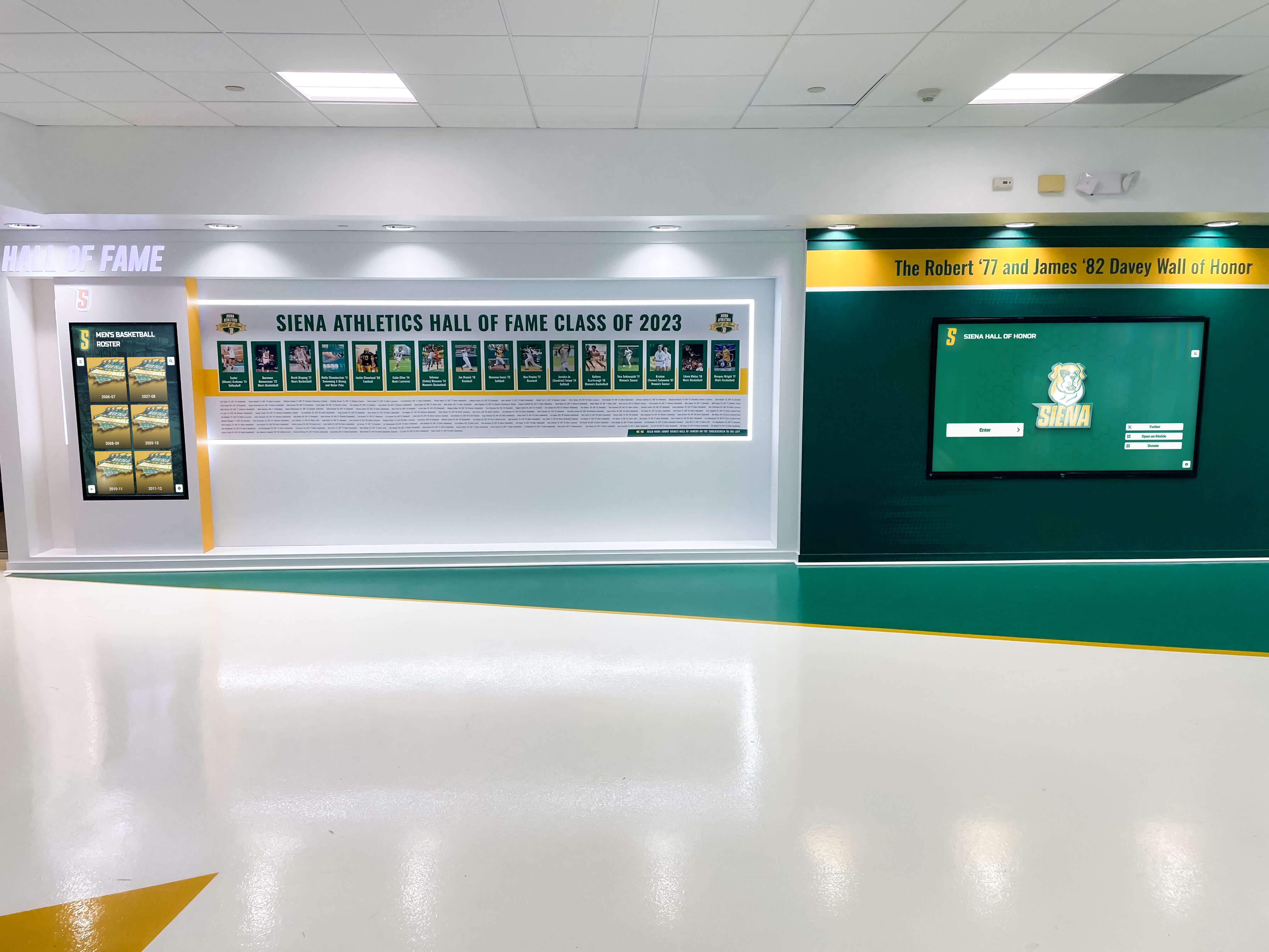 Athletics hall of fame wall display with integrated donor and sponsor recognition